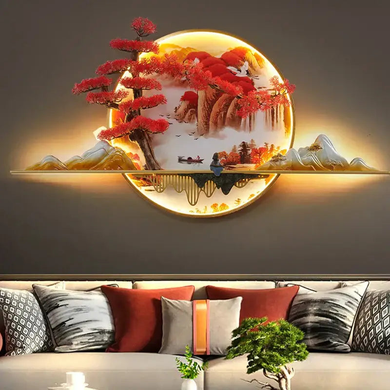 Circular decorbites led pine landscape wall light featuring red maple tree and mountain with warm backlighting for home decor