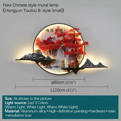 DecorBites led pine circular mural lamp with vibrant red tree and mountainous pine landscape wall light for home decor
