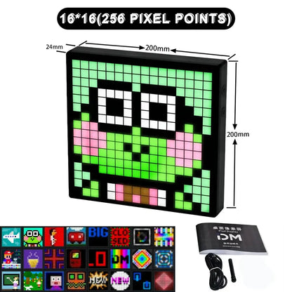 Black-framed decorbites led pixel display showing a green frog face with colorful digital patterns on led pixel display