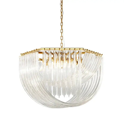A modern decorbites led postmodern gold silver chandelier with a gold metal frame and cascading clear glass tubes for foyer lighting