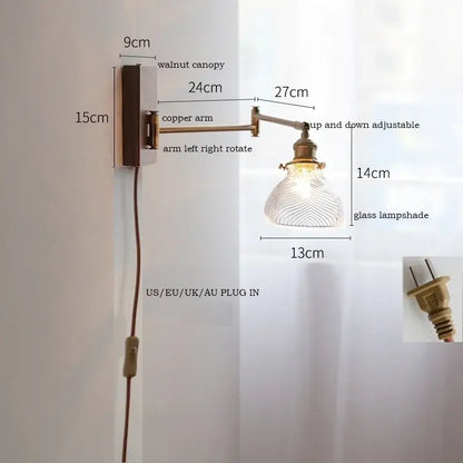 Adjustable wall lamp with walnut canopy, copper arm, textured glass shade, and pull chain by DecorBites LED pull