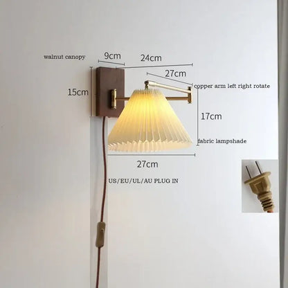 DecorBites LED pull chain wall lamp with warm pleated fabric shade copper arm and walnut canopy for bedroom living room