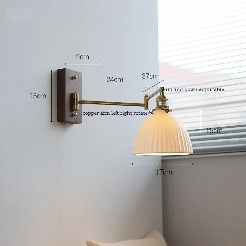 Adjustable copper-arm wall lamp with ribbed off-white glass shade and pull chain by DecorBites LED pull for modern interiors