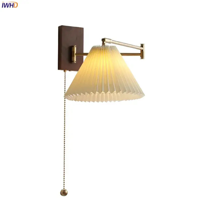 Warm-toned brass decorbites led pull chain wall lamp with pleated off-white shade and adjustable arm for bedroom and living room