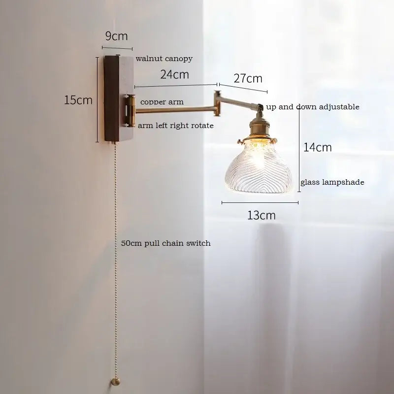 Adjustable copper-arm wall lamp with pull chain, walnut canopy, and textured glass shade by DecorBites led pull