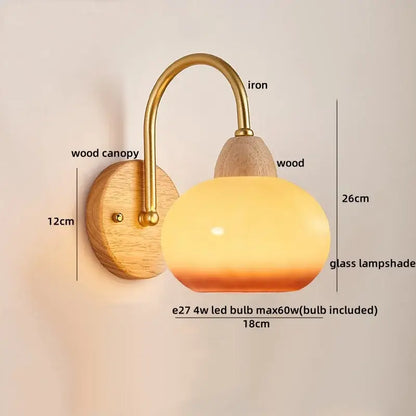 Warm-toned glass lampshade decorbites led pull chain wall lights with brass iron arm and wooden canopy for bedroom decor