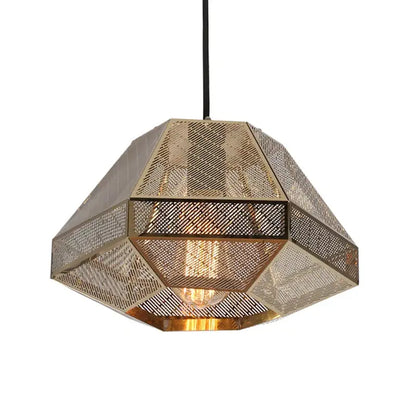 Decorbites led pyramid pendant lamp with gold metal mesh and visible filament bulb for bedroom and restaurant lighting