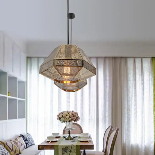 DecorBites led pyramid pendant lamp with gold-toned mesh metal frame and layered hexagonal design for modern lighting