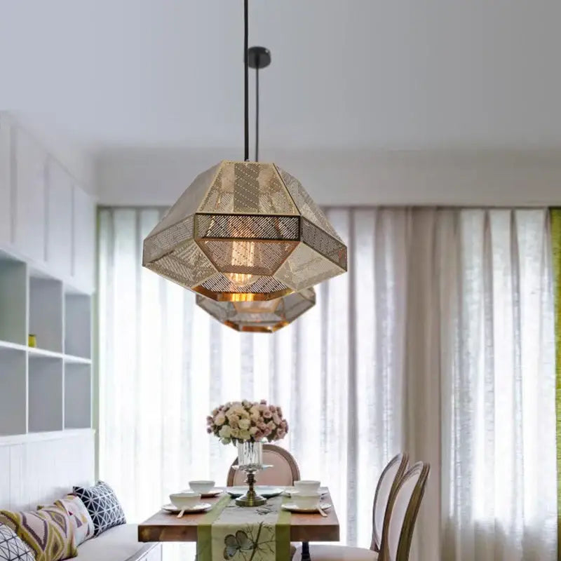 DecorBites led pyramid pendant lamp with gold-toned mesh metal frame and layered hexagonal design for modern lighting