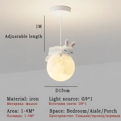 White rabbit-shaped decorbites led rabbit chandelier pendant light with textured glowing moon base for living room decor