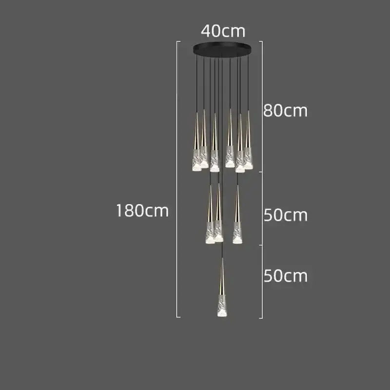 Modern black circular DecorBites LED rain drop chandelier with slender gold-accented glass pendants in Nordic design