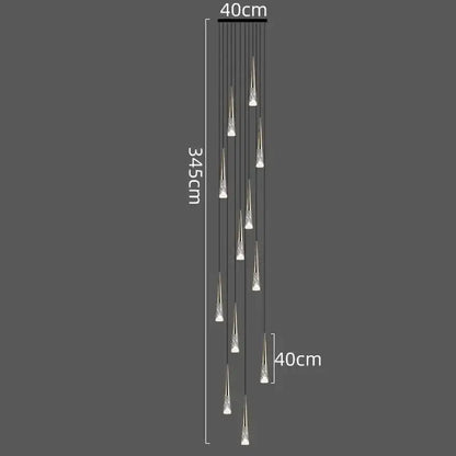 Modern nordic decorbites led rain drop chandelier with slender crystal glass droplets on a sleek black frame for staircases