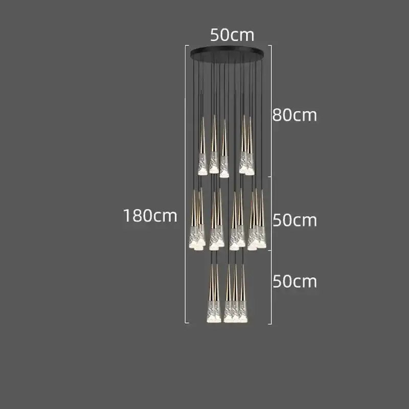 Modern black circular pendant light featuring 12 crystal-encrusted DecorBites led rain drop lights in a cascading pattern
