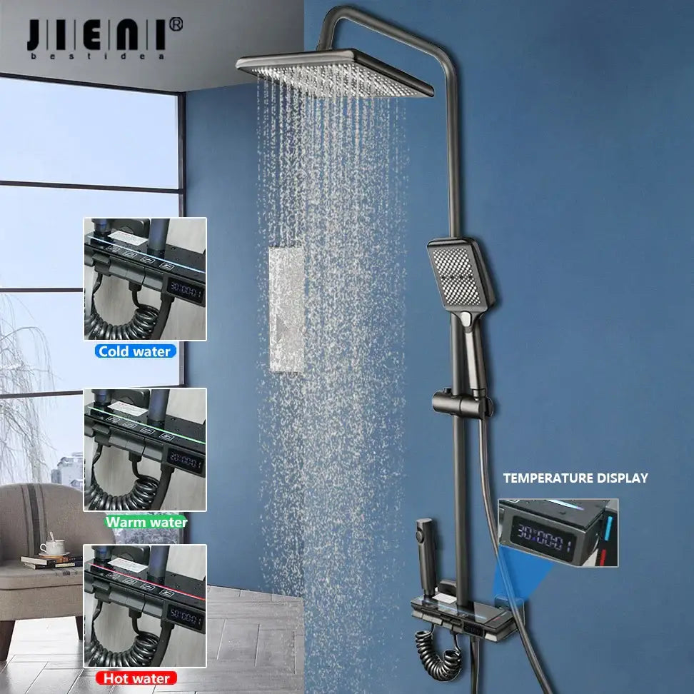 Black matte jienai rain shower set with LED temperature display and handheld attachment in the DecorBites shower set