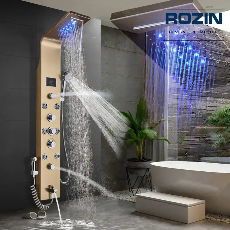 Gold-finished decorbites led rain shower system with multiple spray settings and blue led lighting for luxury bathrooms