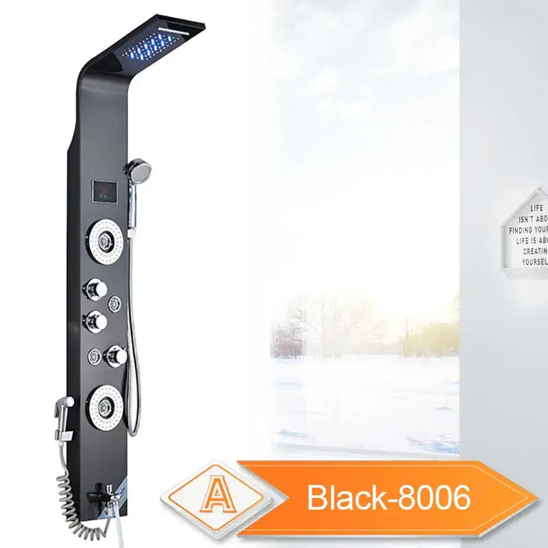 Black-8006 model decorbites led rain shower head with multiple spray settings and sleek modern design in black finish