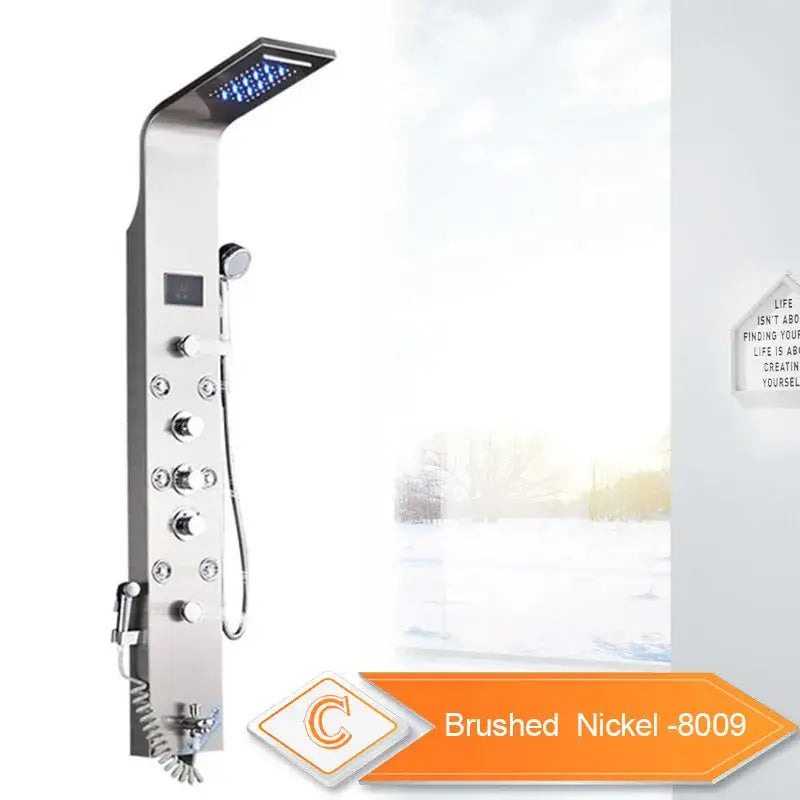 Brushed nickel decorbites led rain shower system with rectangular rainhead multiple controls and handheld sprayer