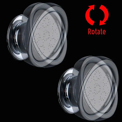 Chrome-finished decorbites led rain showerhead with circular multi-tiered design and numerous small spray holes