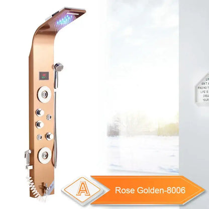 Decorbites led rain shower system in rose gold with multiple spray heads control knobs and swivel massage jet features