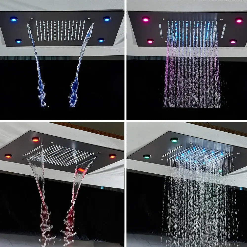 Modern rectangular decorbites™ rain waterfall shower head with led lighting remote control and multiple flow patterns