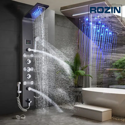 Black rozin decorbites led rain waterfall shower panel with multiple spray settings and blue led massage jets