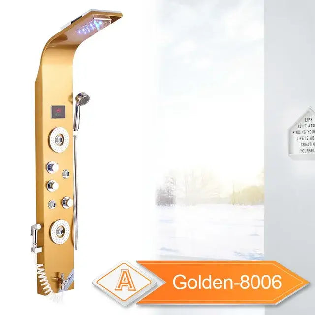 Decorbites led rain waterfall shower panel in sleek gold finish with multiple control knobs and rain showerhead