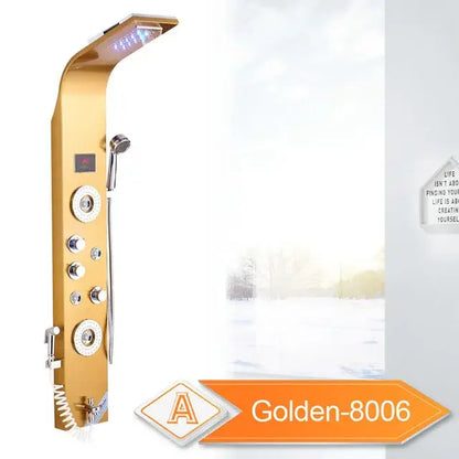 Decorbites led rain waterfall shower panel in sleek gold finish with multiple control knobs and rain showerhead