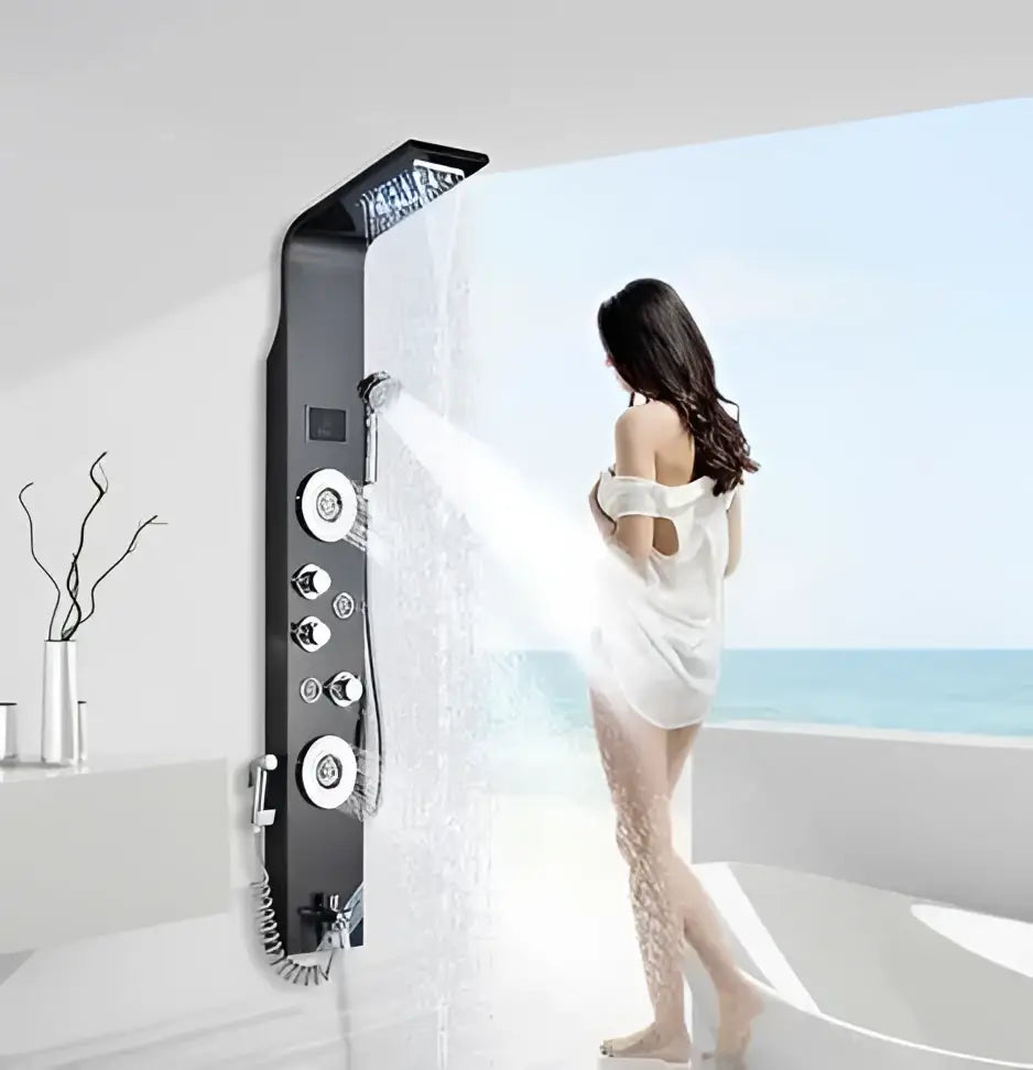 Black chrome shower panel decorbites led rain waterfall with multiple spray settings and massage jets for modern bathrooms