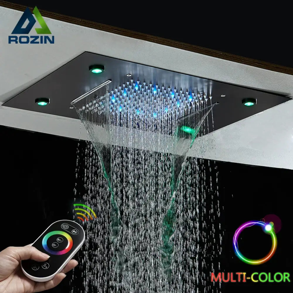 DecorBites™ sleek metallic rectangular ceiling-mounted rainfall shower head with integrated multi-color led rainfall shower lighting