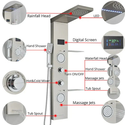 Modern brushed stainless steel decorbites led rainfall shower panel with temperature screen for enhanced shower experience