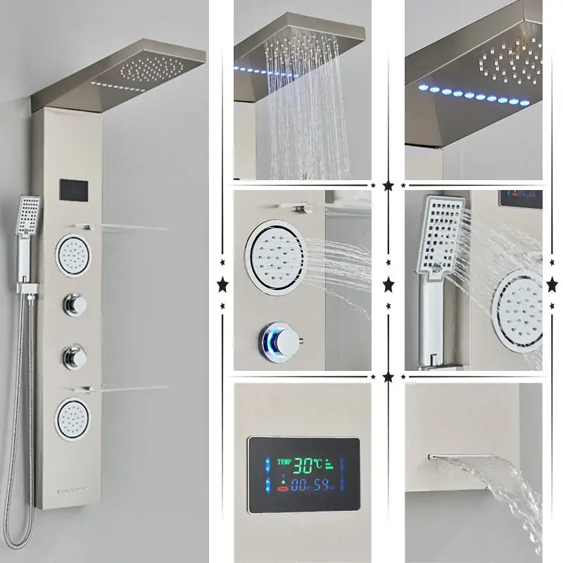 Modern stainless steel DecorBites™ shower panel with rectangular rainfall showerhead, hand sprayer, and temperature screen