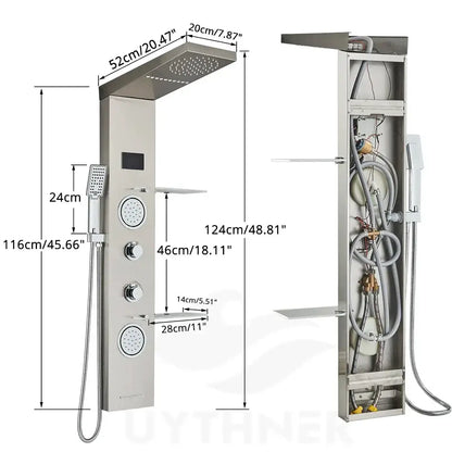 Modern stainless steel decorbites™ shower panel with led rainfall shower, temperature screen, and hand sprayer for enhanced shower experience