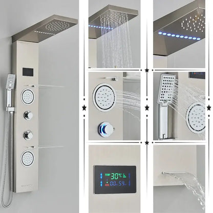 Modern stainless steel DecorBites™ shower panel with rectangular rainfall shower, handheld sprayer, and temperature screen