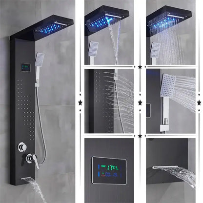 Black modern DecorBites LED rainfall shower panel with temperature screen hand sprayer and multiple spray settings