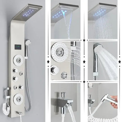 Modern stainless steel DecorBites LED rainfall shower panel system in black brushed finish with led rainfall and multiple sprays