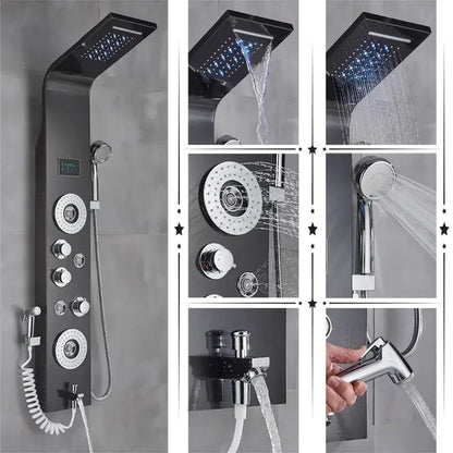 Black and chrome finish decorbites led rainfall shower panel system with multiple spray heads digital display and handheld nozzle