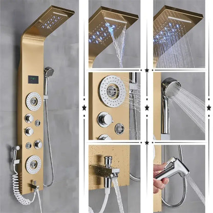Gold-colored modern shower panel with multiple spray heads and control knobs decorbites led rainfall shower system