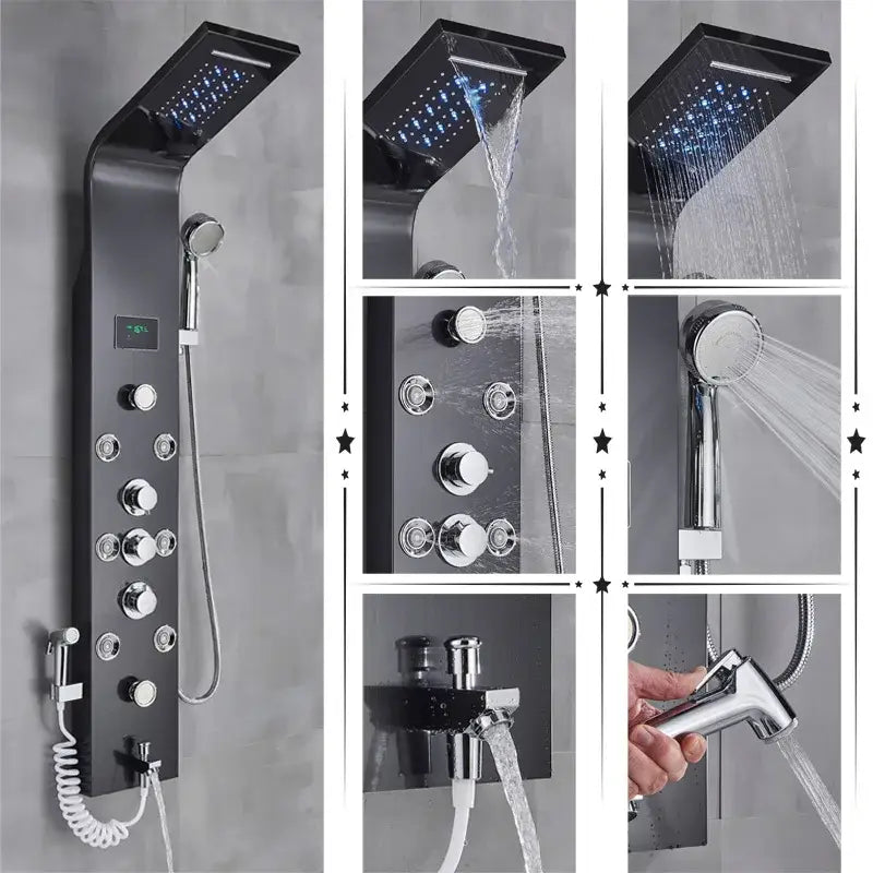 Decorbites led rainfall shower panel system with black matte finish, large rainhead, chrome controls, and handheld showerhead