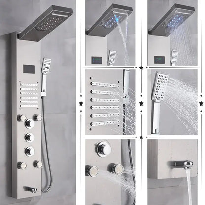 Modern brushed stainless steel DecorBites led rainfall shower panel with rectangular rainhead and handheld spray nozzle