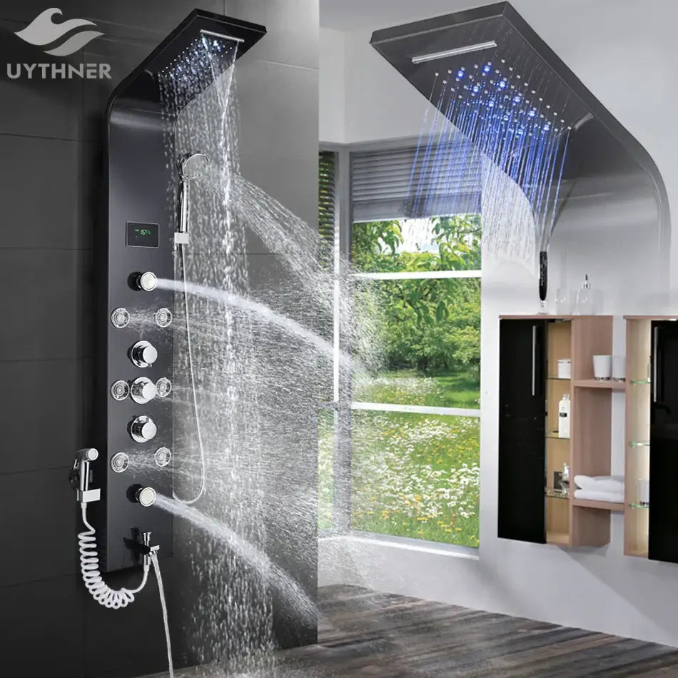 Black uythner rain shower head with multiple spray settings and led lighting from decorbites led rainfall shower panel system