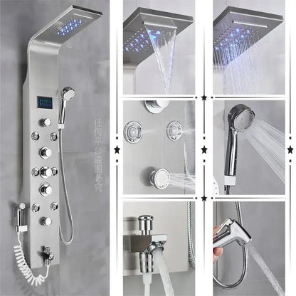 Modern chrome-finished decorbites led rainfall shower panel with integrated led lighting and multiple spray settings