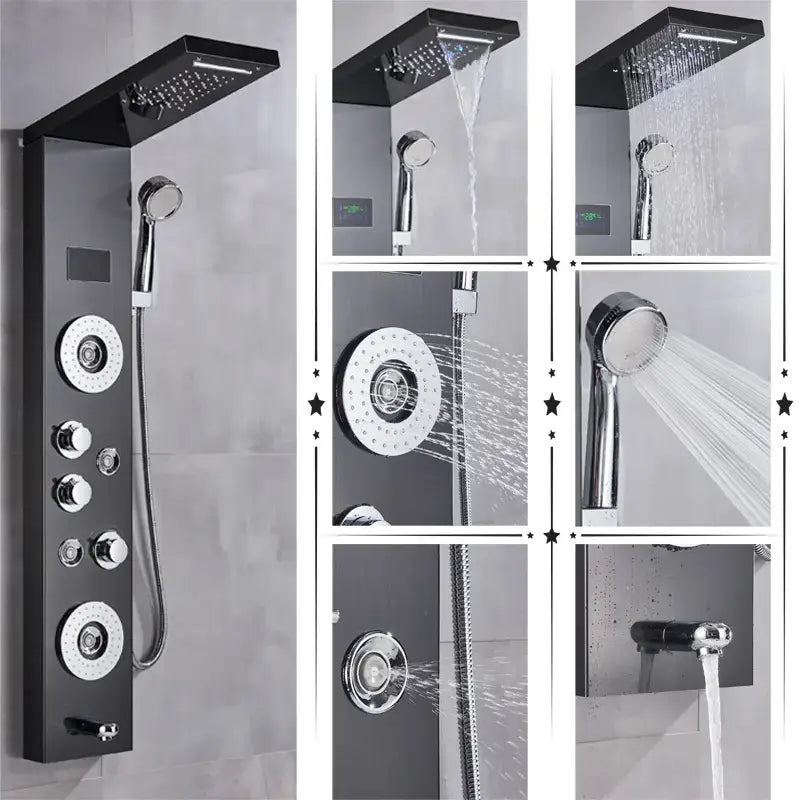 Black and chrome decorbites led rainfall shower panel system with multiple spray heads, control knobs, and digital temperature screen