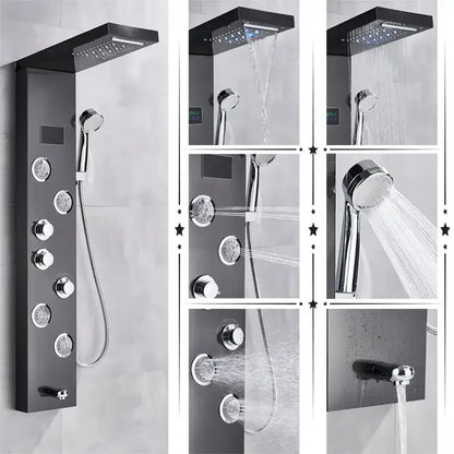 Black matte decorbites led rainfall shower panel system with chrome accents multiple spray heads and temperature screen