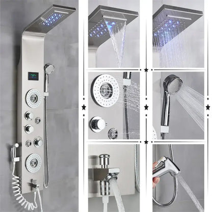 Modern chrome-finished decorbites led rainfall shower panel with large rainhead multiple handshowers and digital display