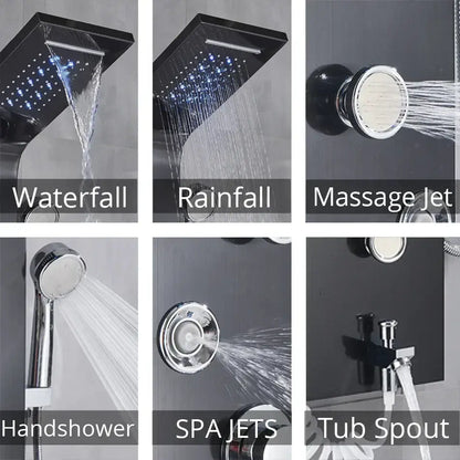 Black and chrome decorbites led rainfall shower panel system featuring waterfall, massage jets, handshower, and tub spout designs