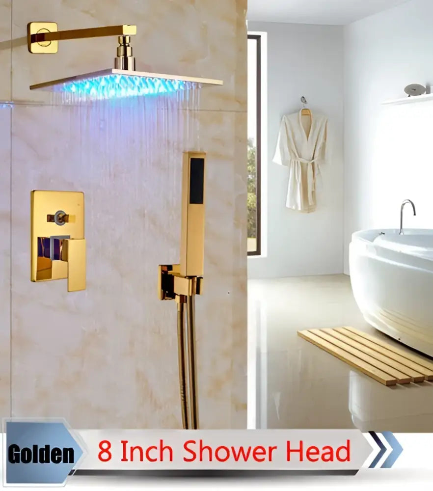 Golden 8-inch square shower head with sleek gold finish and blue led lighting from decorbites led rainfall shower set