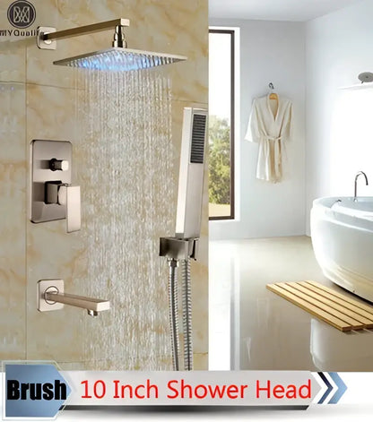 Brush 10 inch shower head with brushed stainless steel finish and blue led lighting in decorbites led rainfall shower set