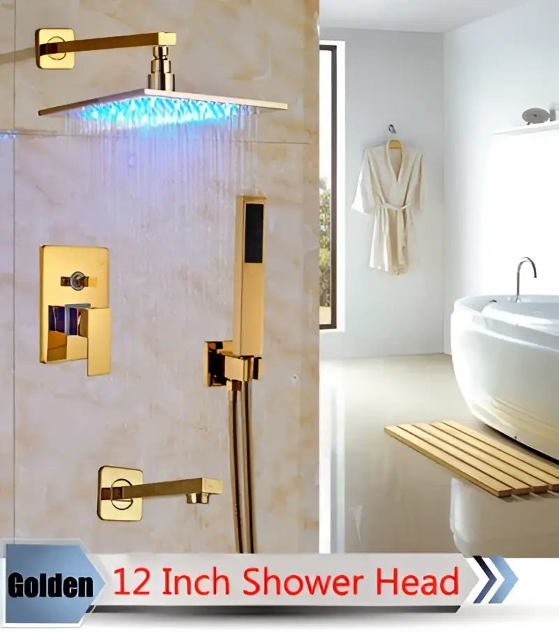 Golden 12-inch decorbites led rainfall shower set with rectangular shower head and blue led rainfall shower lights