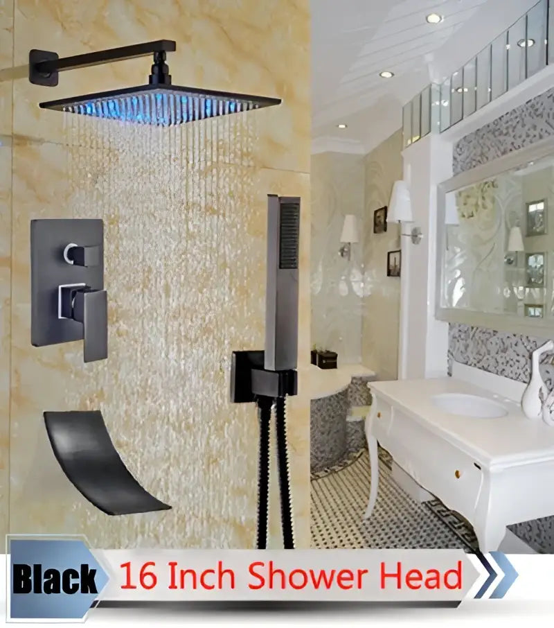 Black 16 inch square shower head with blue illuminated spray in decorbites led rainfall shower set for modern bathrooms