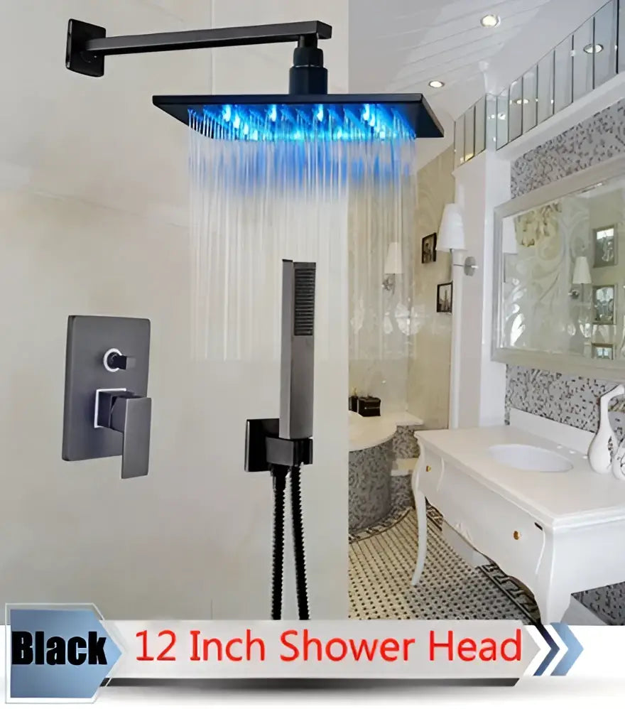 Black 12-inch shower head with blue led lighting and modern rectangular design in decorbites led rainfall shower set